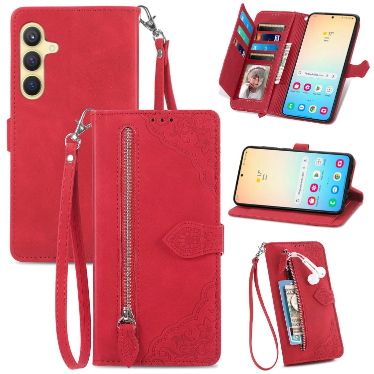 Embossed Flower Zipper Leather Phone Case, For Samsung Galaxy A26 5G, For Samsung Galaxy A36 5G, For Samsung Galaxy S25 5G, For Samsung Galaxy S25+ 5G