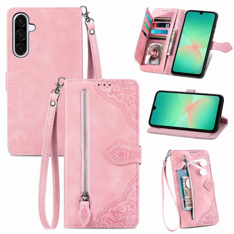 Embossed Flower Zipper Leather Phone Case, For Samsung Galaxy A26 5G, For Samsung Galaxy A36 5G, For Samsung Galaxy S25 5G, For Samsung Galaxy S25+ 5G