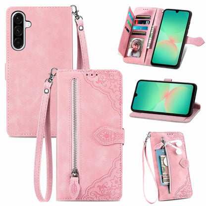 Embossed Flower Zipper Leather Phone Case, For Samsung Galaxy A26 5G, For Samsung Galaxy A36 5G, For Samsung Galaxy S25 5G, For Samsung Galaxy S25+ 5G