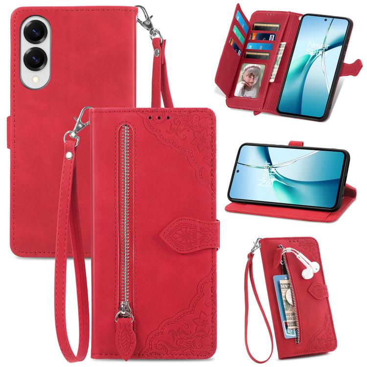 Embossed Flower Zipper Leather Phone Case, For Samsung Galaxy A57 5G, For Samsung Galaxy A37 5G, For Samsung Galaxy S25 Edge 5G, For Samsung Galaxy A56 5G