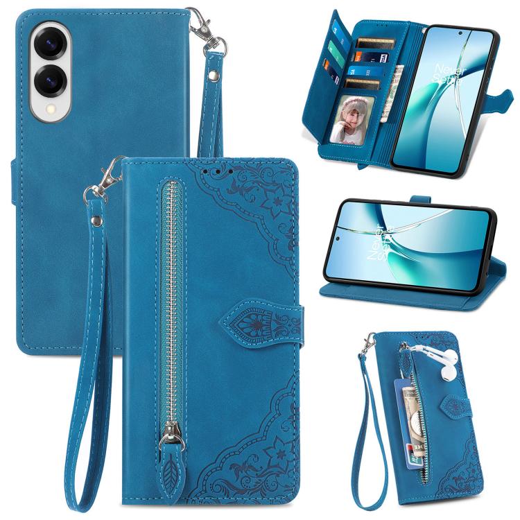 Embossed Flower Zipper Leather Phone Case, For Samsung Galaxy A57 5G, For Samsung Galaxy A37 5G, For Samsung Galaxy S25 Edge 5G, For Samsung Galaxy A56 5G