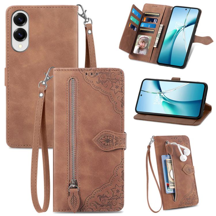Embossed Flower Zipper Leather Phone Case, For Samsung Galaxy A57 5G, For Samsung Galaxy A37 5G, For Samsung Galaxy S25 Edge 5G, For Samsung Galaxy A56 5G