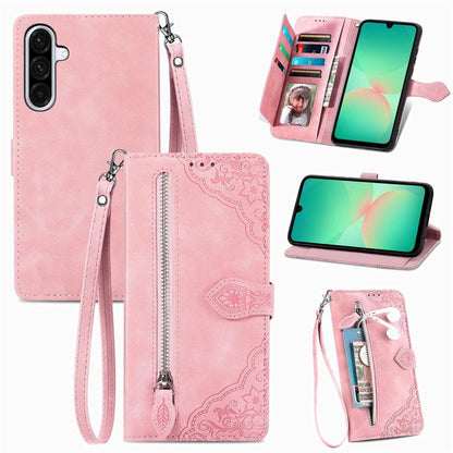 Embossed Flower Zipper Leather Phone Case, For Samsung Galaxy A57 5G, For Samsung Galaxy A37 5G, For Samsung Galaxy S25 Edge 5G, For Samsung Galaxy A56 5G