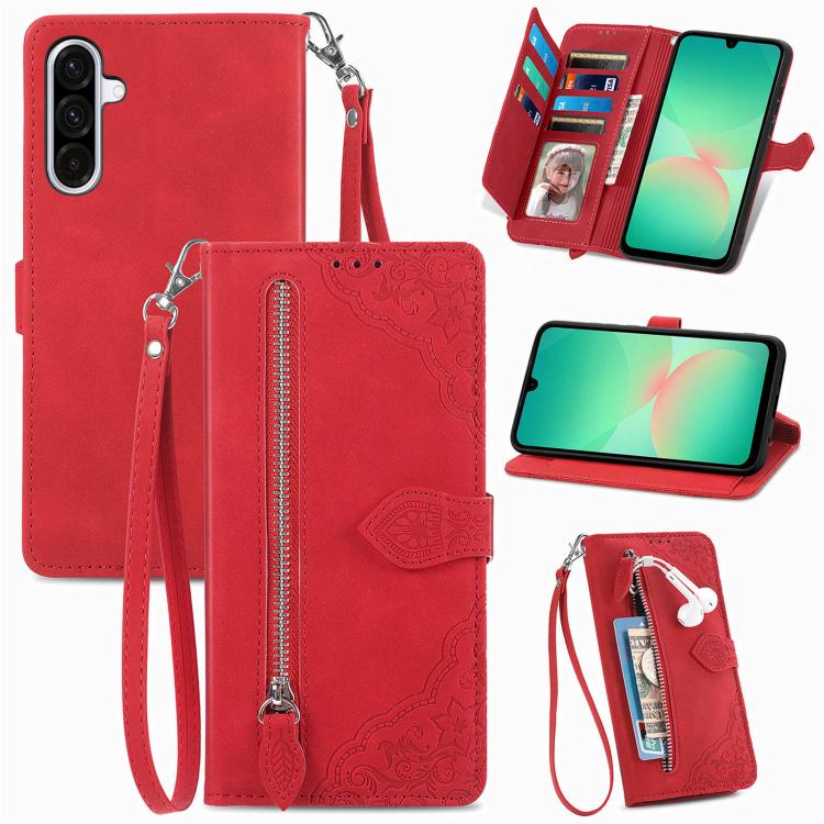 Embossed Flower Zipper Leather Phone Case, For Samsung Galaxy A57 5G, For Samsung Galaxy A37 5G, For Samsung Galaxy S25 Edge 5G, For Samsung Galaxy A56 5G