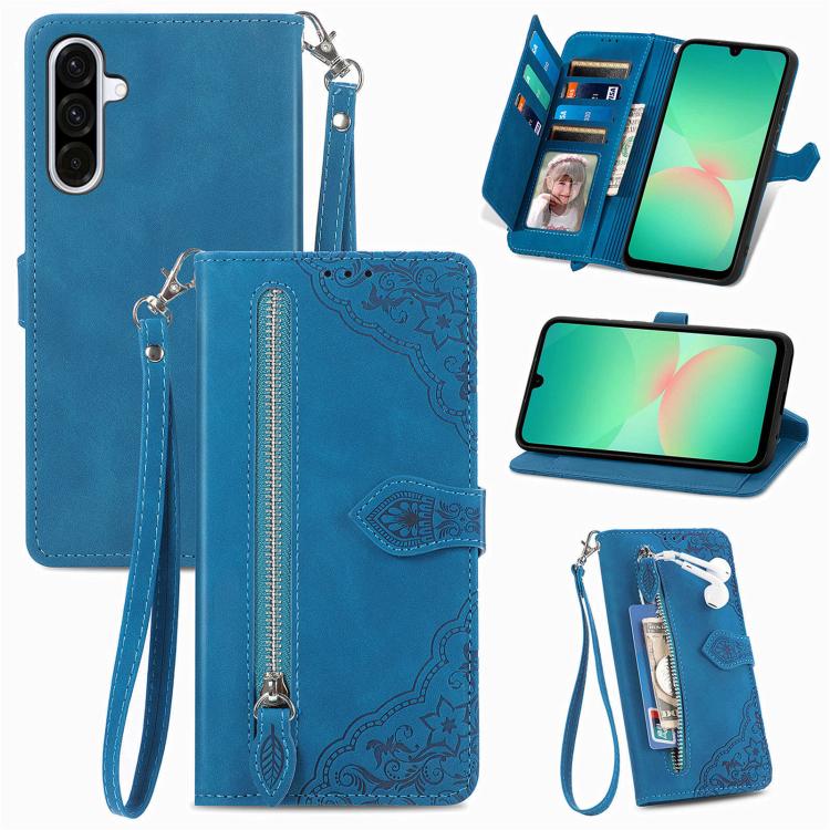 Embossed Flower Zipper Leather Phone Case, For Samsung Galaxy A57 5G, For Samsung Galaxy A37 5G, For Samsung Galaxy S25 Edge 5G, For Samsung Galaxy A56 5G