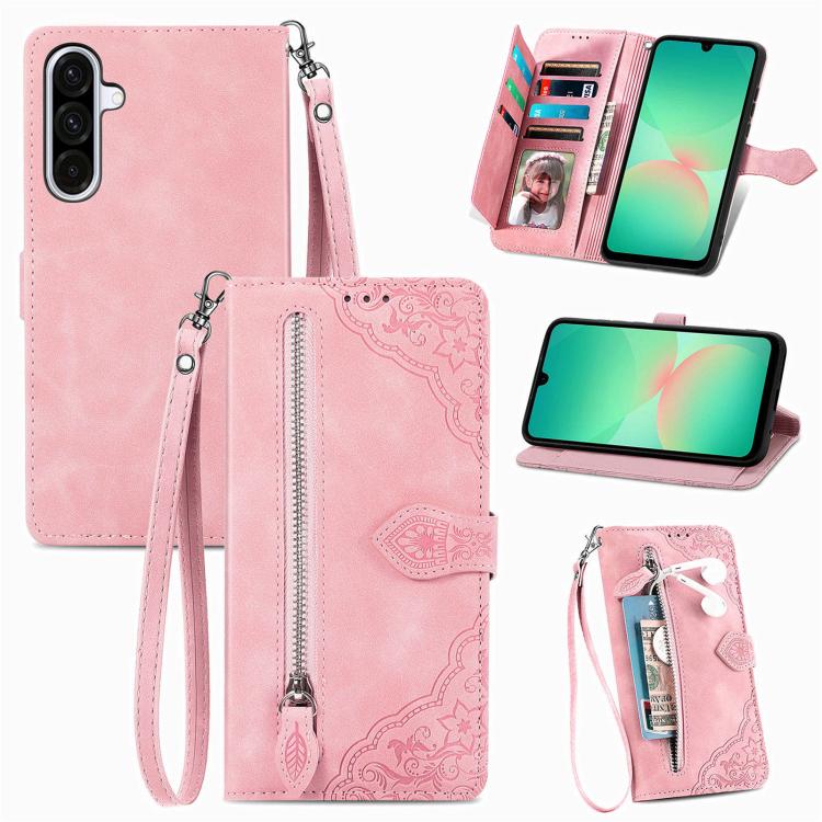 Embossed Flower Zipper Leather Phone Case, For Samsung Galaxy A57 5G, For Samsung Galaxy A37 5G, For Samsung Galaxy S25 Edge 5G, For Samsung Galaxy A56 5G