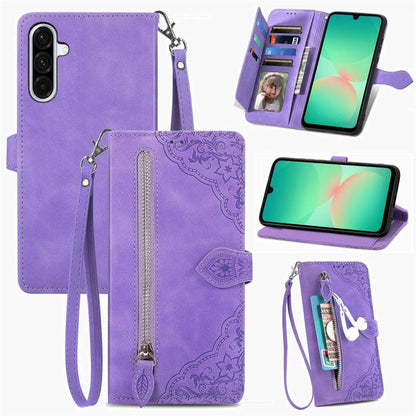 Embossed Flower Zipper Leather Phone Case, For Samsung Galaxy A57 5G, For Samsung Galaxy A37 5G, For Samsung Galaxy S25 Edge 5G, For Samsung Galaxy A56 5G