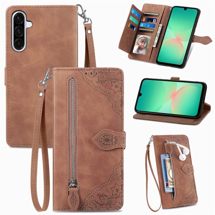 Embossed Flower Zipper Leather Phone Case, For Samsung Galaxy A57 5G, For Samsung Galaxy A37 5G, For Samsung Galaxy S25 Edge 5G, For Samsung Galaxy A56 5G