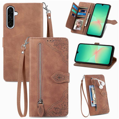 Embossed Flower Zipper Leather Phone Case, For Samsung Galaxy A57 5G, For Samsung Galaxy A37 5G, For Samsung Galaxy S25 Edge 5G, For Samsung Galaxy A56 5G