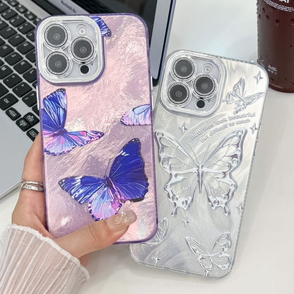 Plating Texture Butterfly TPU Phone Case with Glitter Lens Film, For iPhone 16, For iPhone 15 Pro Max, For iPhone 15 Pro, For iPhone 15