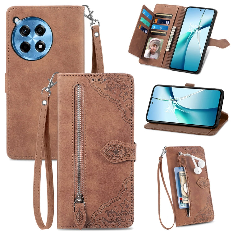 Embossed Flower Zipper Leather Phone Case, For OnePlus 15, For OnePlus Nord 4, For OnePlus Ace 3 Pro