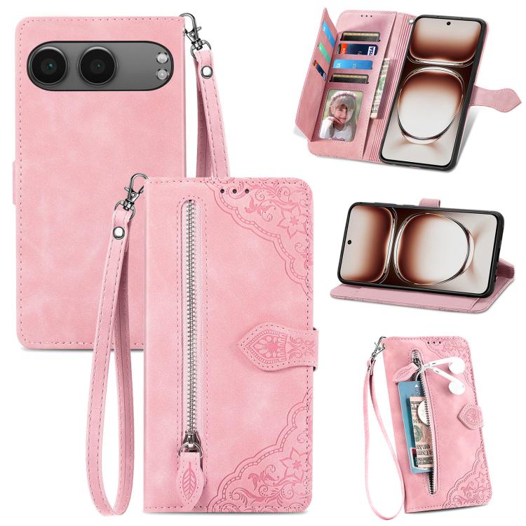 Embossed Flower Zipper Leather Phone Case, For OnePlus 15, For OnePlus Nord 4, For OnePlus Ace 3 Pro