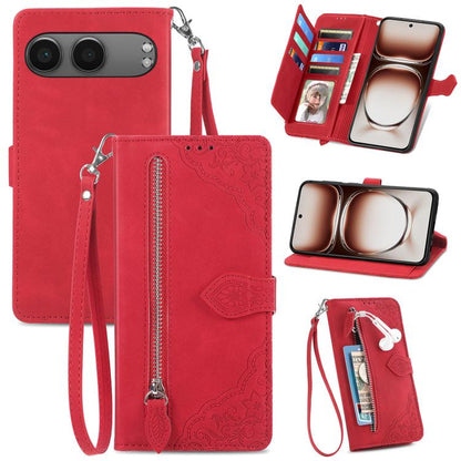 Embossed Flower Zipper Leather Phone Case, For OnePlus 15, For OnePlus Nord 4, For OnePlus Ace 3 Pro