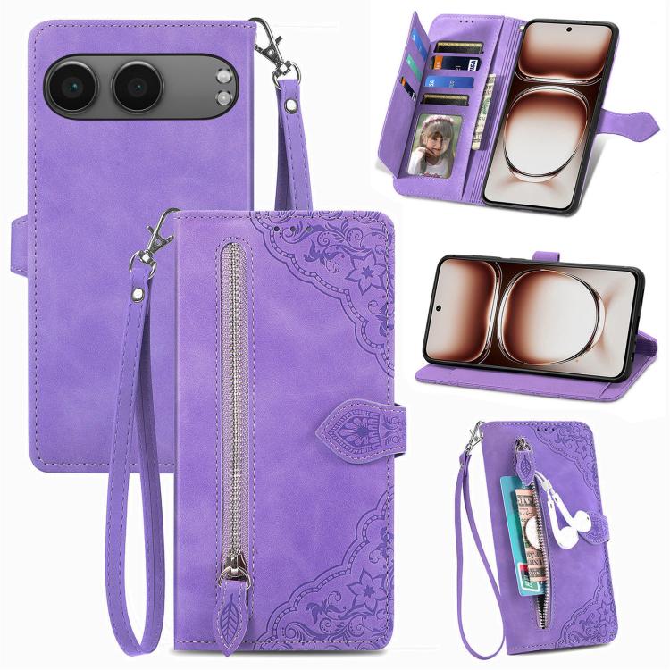 Embossed Flower Zipper Leather Phone Case, For OnePlus 15, For OnePlus Nord 4, For OnePlus Ace 3 Pro