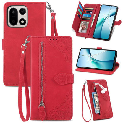 Embossed Flower Zipper Leather Phone Case, For OnePlus 15, For OnePlus Nord 4, For OnePlus Ace 3 Pro