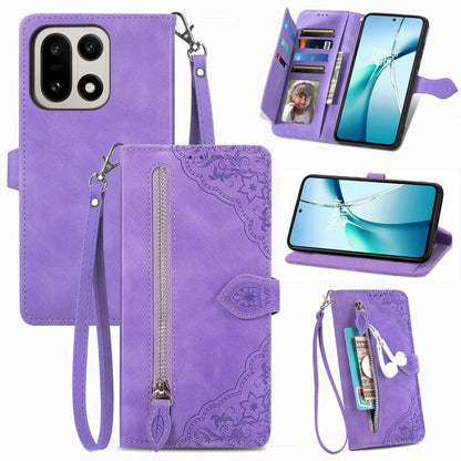 Embossed Flower Zipper Leather Phone Case, For OnePlus 15, For OnePlus Nord 4, For OnePlus Ace 3 Pro