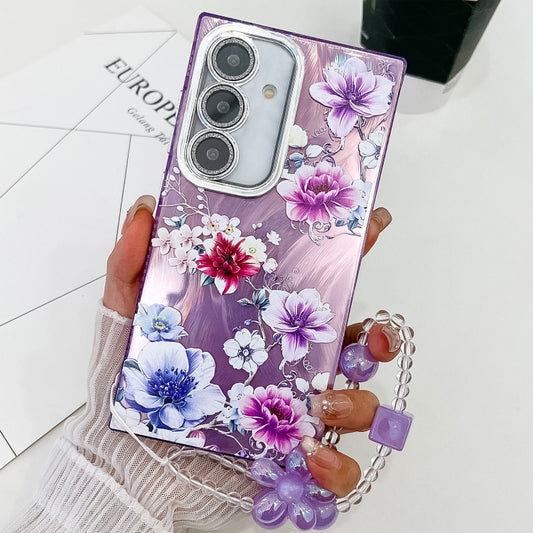 Electroplating Flowers Plants Texture Wristband TPU Phone Case, For Samsung Galaxy S25 5G