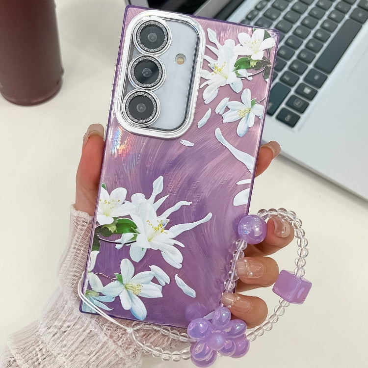 Electroplating Flowers Plants Texture Wristband TPU Phone Case, For Samsung Galaxy S25 5G