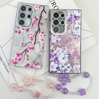 Electroplating Flowers Plants Texture Wristband TPU Phone Case, For Samsung Galaxy S25 5G