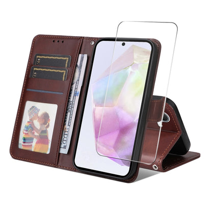 ENKAY Card Wallet Calf Texture Leather Phone Case with Screen Film, For Galaxy A36 5G, For Galaxy S25 5G, For Galaxy S25+ 5G, For Galaxy S25 Ultra 5G