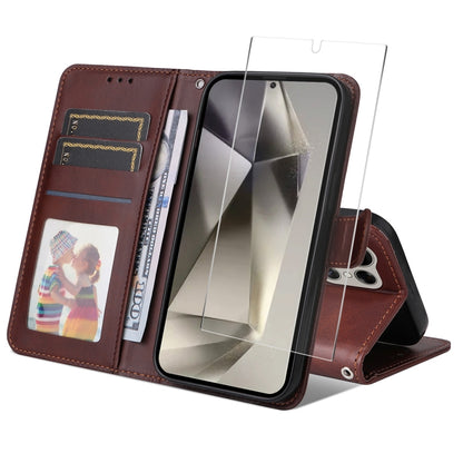 ENKAY Card Wallet Calf Texture Leather Phone Case with Screen Film, For Galaxy A25 Japan / A25e, For Galaxy S24 Ultra 5G, For Galaxy S24+ 5G, For Galaxy S24 5G