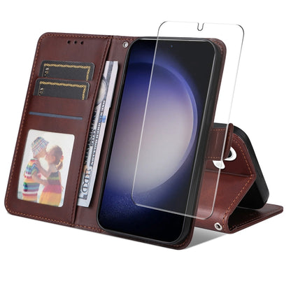 ENKAY Card Wallet Calf Texture Leather Phone Case with Screen Film, For Samsung Galaxy S24 Ultra 5G, For Samsung Galaxy S24+ 5G, For Samsung Galaxy S24 5G, For Samsung Galaxy F16 / M16