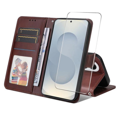 ENKAY Card Wallet Calf Texture Leather Phone Case with Screen Film, For Galaxy A07, For Galaxy M56, For Galaxy S25 Edge 5G, For Galaxy A56 5G
