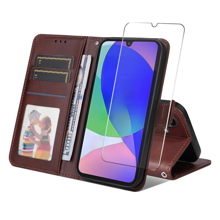 ENKAY Card Wallet Calf Texture Leather Phone Case with Screen Film, For Samsung Galaxy S24 Ultra 5G, For Samsung Galaxy S24+ 5G, For Samsung Galaxy S24 5G, For Samsung Galaxy F16 / M16