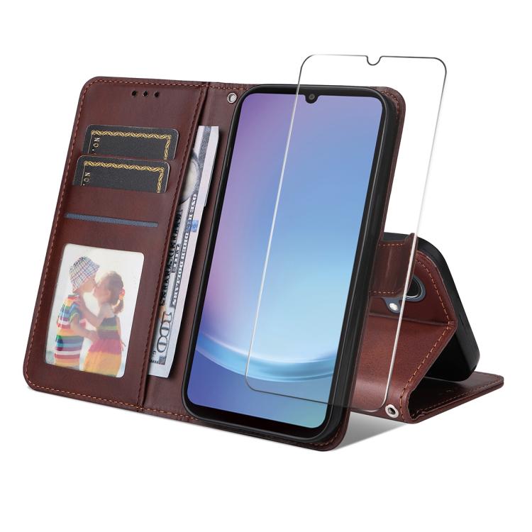 ENKAY Card Wallet Calf Texture Leather Phone Case with Screen Film, For Samsung Galaxy A57 5G, For Samsung Galaxy A37 5G, For Samsung Galaxy S25 FE 5G, For Samsung Galaxy A07