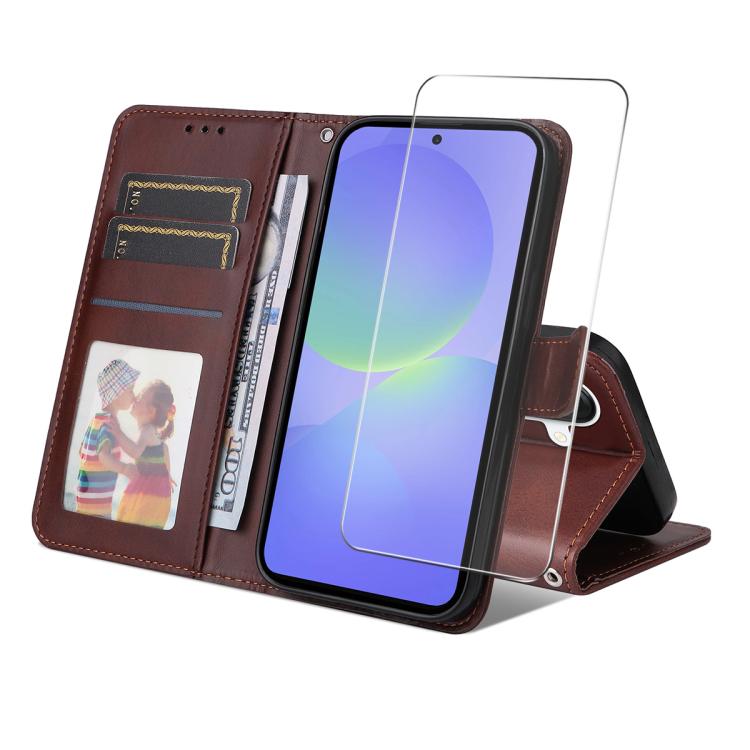 ENKAY Card Wallet Calf Texture Leather Phone Case with Screen Film, For Galaxy A57 5G, For Galaxy A37 5G, For Galaxy A27 5G, For Galaxy S25 FE 5G