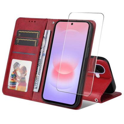 ENKAY Card Wallet Calf Texture Leather Phone Case with Screen Film, For Galaxy A57 5G, For Galaxy A37 5G, For Galaxy A27 5G, For Galaxy S25 FE 5G