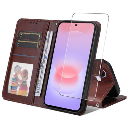 ENKAY Card Wallet Calf Texture Leather Phone Case with Screen Film, For Galaxy A57 5G, For Galaxy A37 5G, For Galaxy A27 5G, For Galaxy S25 FE 5G