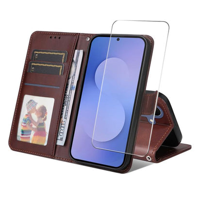 ENKAY Card Wallet Calf Texture Leather Phone Case with Screen Film, For Galaxy S26 FE 5G, For Galaxy A57 5G, For Galaxy A37 5G, For Galaxy A27 5G