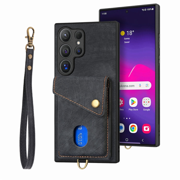 Retro Card Wallet Fold Leather Phone Case with Strap, For Samsung Galaxy S25+ 5G, For Samsung Galaxy S25 Ultra 5G