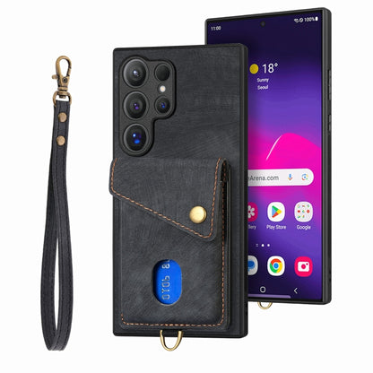 Retro Card Wallet Fold Leather Phone Case with Strap, For Samsung Galaxy S25+ 5G, For Samsung Galaxy S25 Ultra 5G