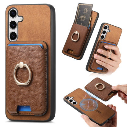 Retro Cross Leather Ring Vertical Insert Card Bag MagSafe Phone Case, For Samsung Galaxy S25 5G, For Samsung Galaxy S25+ 5G, For Samsung Galaxy S25 Ultra 5G