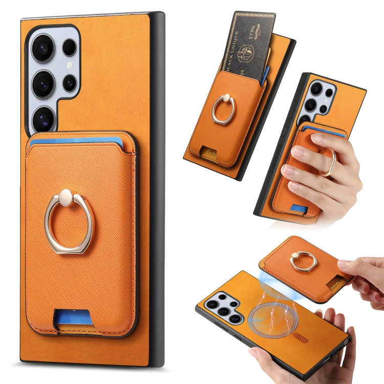 Retro Cross Leather Ring Vertical Insert Card Bag MagSafe Phone Case, For Samsung Galaxy S25 5G, For Samsung Galaxy S25+ 5G, For Samsung Galaxy S25 Ultra 5G
