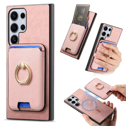 Retro Cross Leather Ring Vertical Insert Card Bag MagSafe Phone Case, For Samsung Galaxy S25 5G, For Samsung Galaxy S25+ 5G, For Samsung Galaxy S25 Ultra 5G