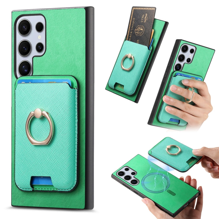 Retro Cross Leather Ring Vertical Insert Card Bag MagSafe Phone Case, For Samsung Galaxy S25 5G, For Samsung Galaxy S25+ 5G, For Samsung Galaxy S25 Ultra 5G