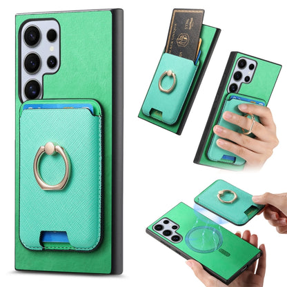 Retro Cross Leather Ring Vertical Insert Card Bag MagSafe Phone Case, For Samsung Galaxy S25 5G, For Samsung Galaxy S25+ 5G, For Samsung Galaxy S25 Ultra 5G