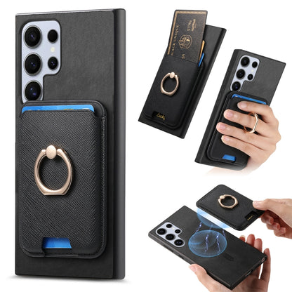 Retro Cross Leather Ring Vertical Insert Card Bag MagSafe Phone Case, For Samsung Galaxy S25 5G, For Samsung Galaxy S25+ 5G, For Samsung Galaxy S25 Ultra 5G