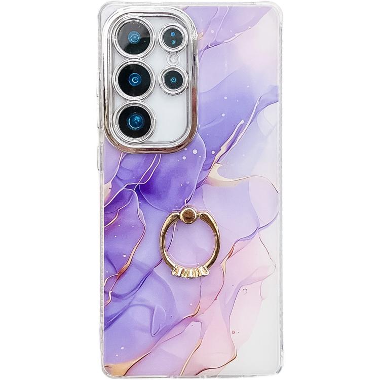 Electroplated Marble Texture Ring Holder Phone Case, For Samsung Galaxy S24 Ultra 5G