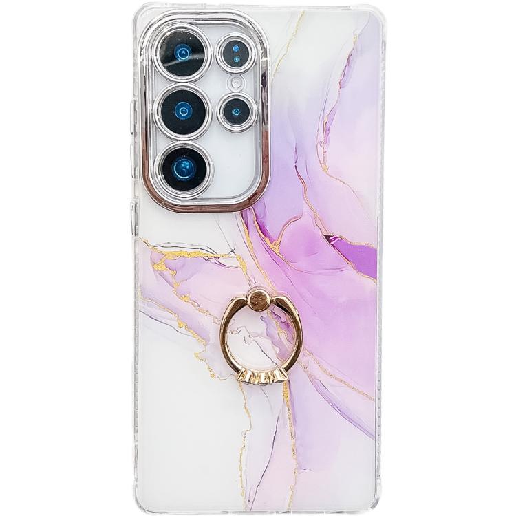 Electroplated Marble Texture Ring Holder Phone Case, For Samsung Galaxy S24 Ultra 5G
