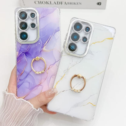 Electroplated Marble Texture Ring Holder Phone Case, For Samsung Galaxy S24 Ultra 5G