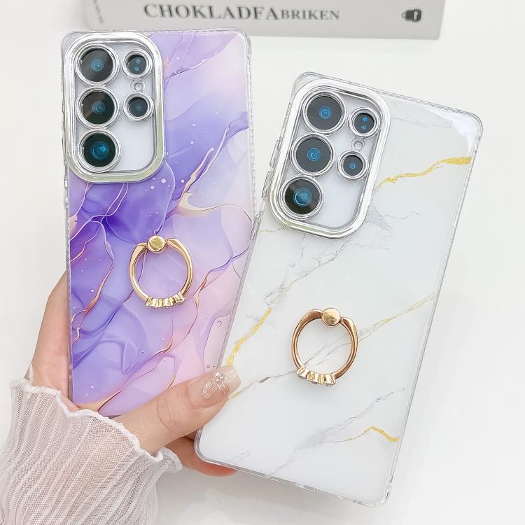 Electroplated Marble Texture Ring Holder Phone Case, For Samsung Galaxy S24+ 5G
