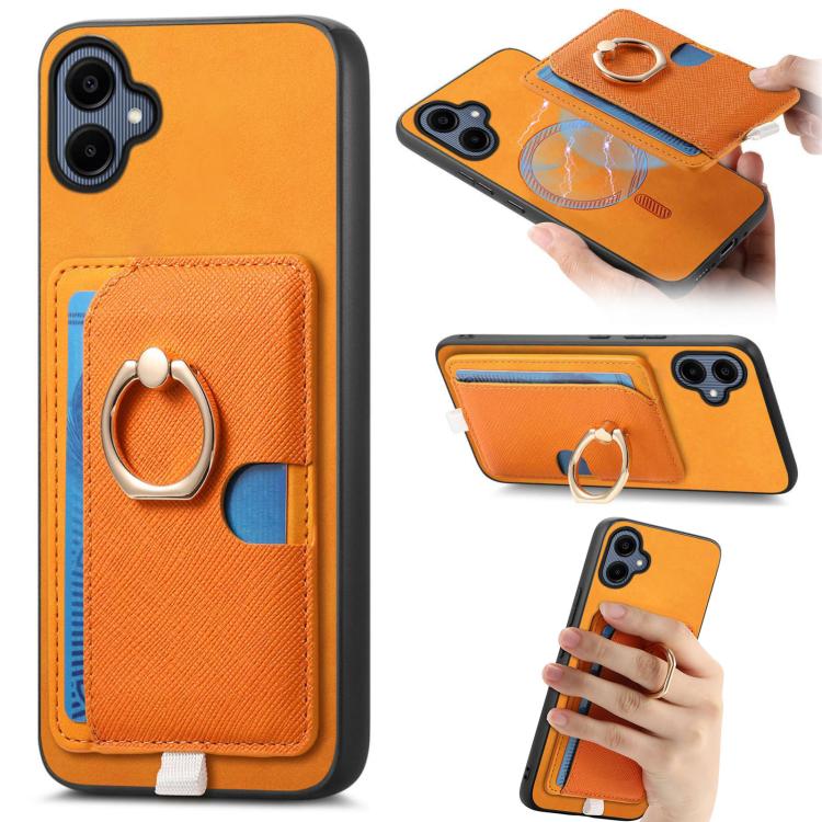 Retro Cross Leather Ring Side Insert Card Bag MagSafe Phone Case, For Samsung Galaxy A06, For Samsung Galaxy S24 FE 5G, For Samsung Galaxy XCover 7