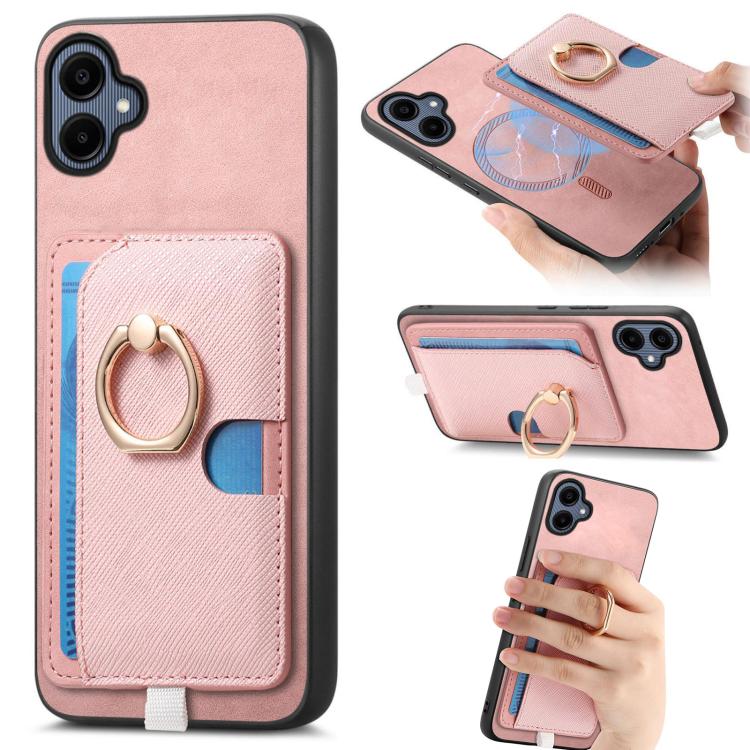 Retro Cross Leather Ring Side Insert Card Bag MagSafe Phone Case, For Samsung Galaxy A06, For Samsung Galaxy S24 FE 5G, For Samsung Galaxy XCover 7