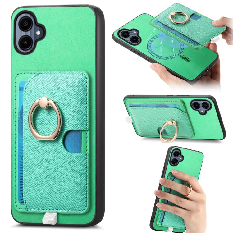 Retro Cross Leather Ring Side Insert Card Bag MagSafe Phone Case, For Samsung Galaxy A06, For Samsung Galaxy S24 FE 5G, For Samsung Galaxy XCover 7