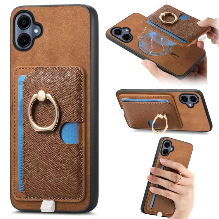 Retro Cross Leather Ring Side Insert Card Bag MagSafe Phone Case, For Samsung Galaxy A06, For Samsung Galaxy S24 FE 5G, For Samsung Galaxy XCover 7