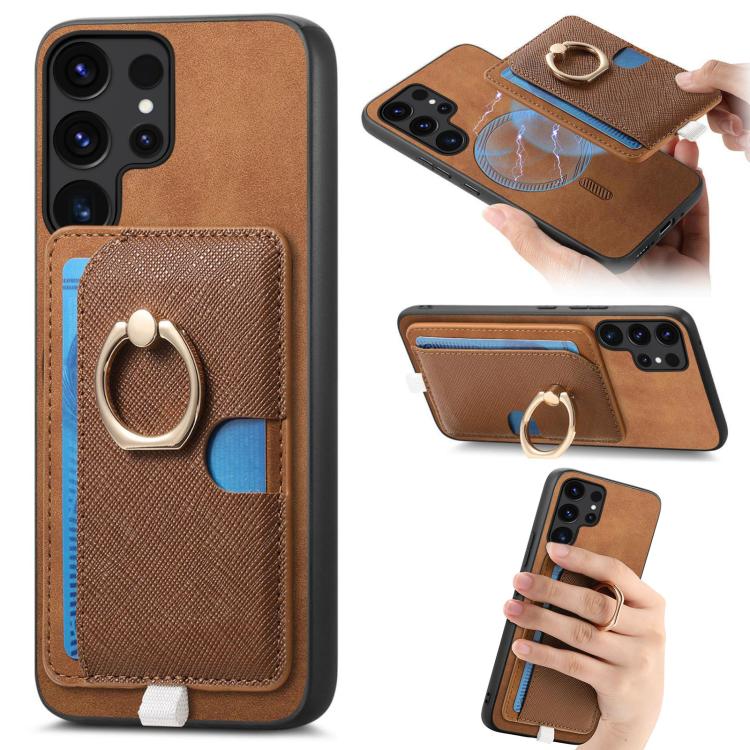Retro Cross Leather Ring Side Insert Card Bag MagSafe Phone Case, For Samsung Galaxy A34 5G, For Samsung Galaxy A54 5G, For Samsung Galaxy S23 Ultra 5G
